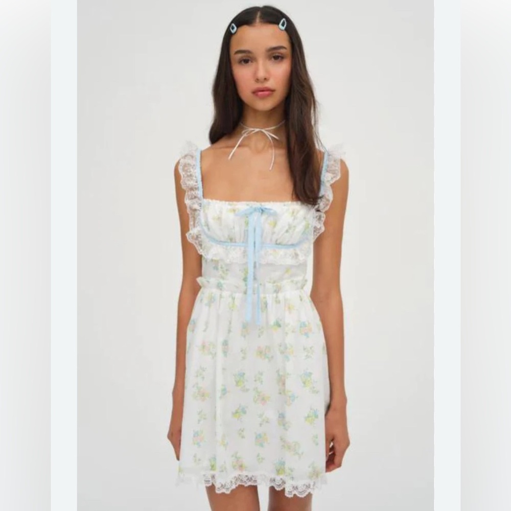 For Love & Lemons 🍋 Sage Mini Dress, Baby Blue Floral Lace Trim Dress size S - Picture 2 of 11